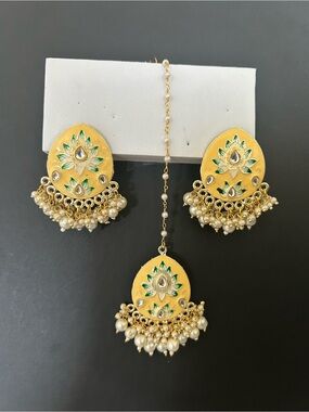 Gold-Tone Yellow Floral Pearl Indian Earrings with Maang Tikka